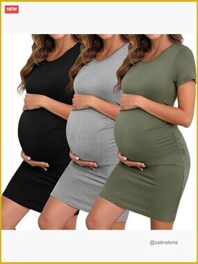 3 Pack Maternity Dresses Short Sleeve Side Ruched Crew Neck Bodycon Casual